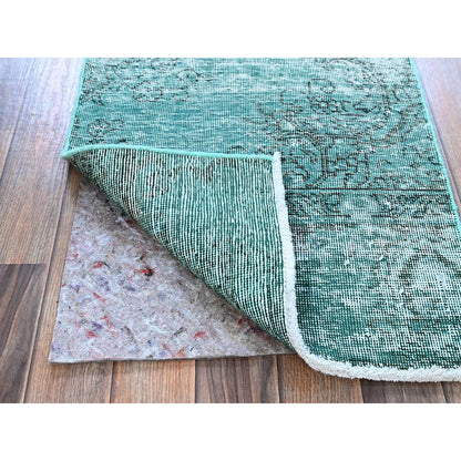 2'X5'7" Green Overdyed Vintage Zoroastrian Hand Knotted Wool Runner Rug