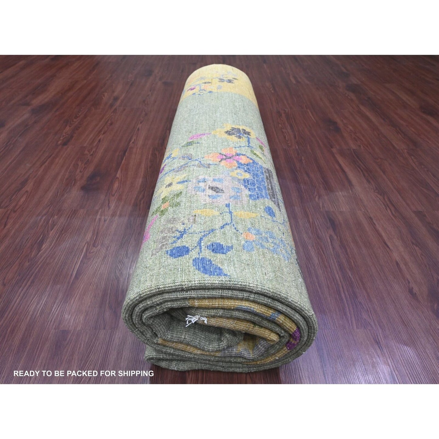 9'1"X12'5" Green Chinese Art Deco Inspired Peshawar Hand Knotted Wool Rug