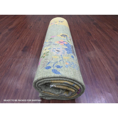 9'1"X12'5" Green Chinese Art Deco Inspired Peshawar Hand Knotted Wool Rug