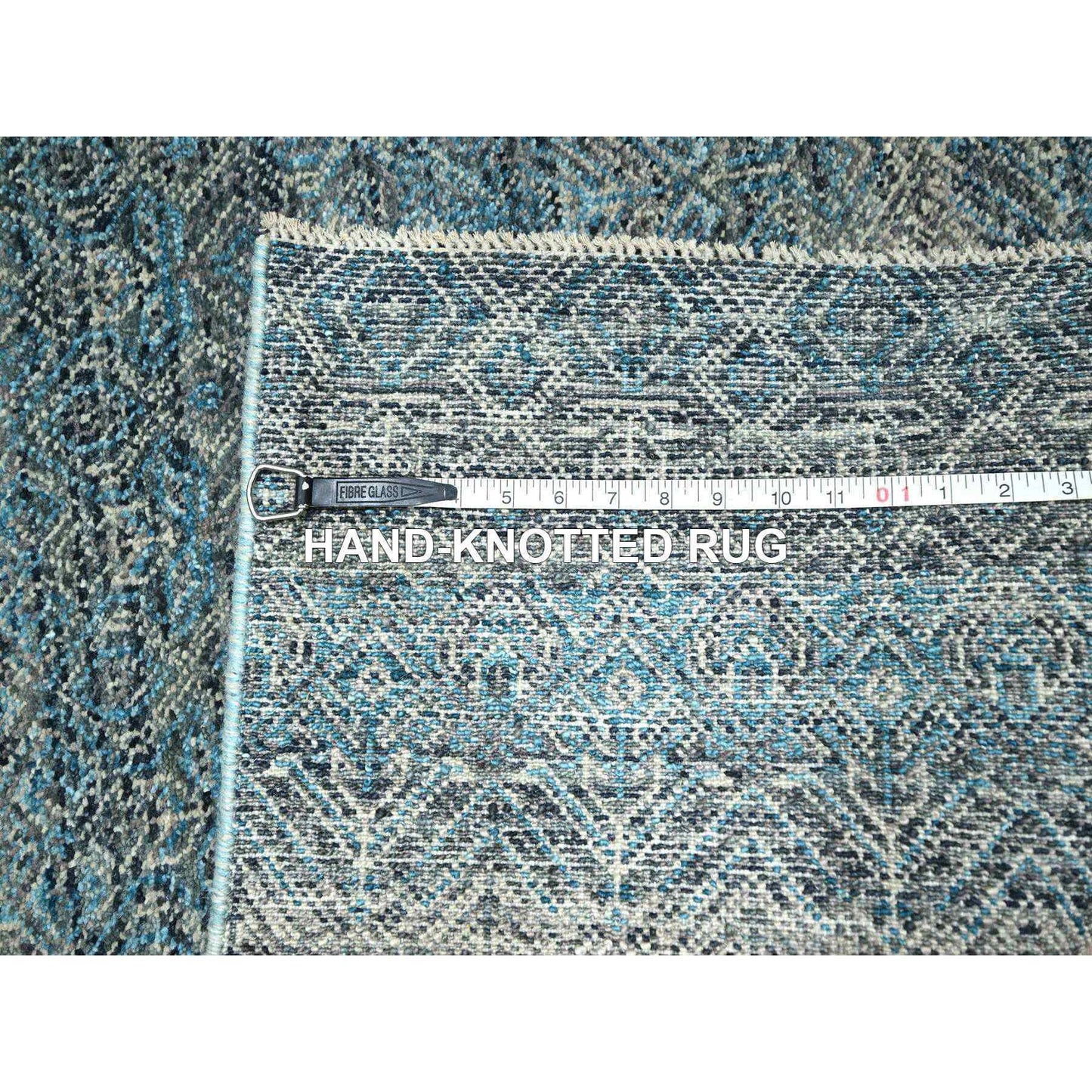 3'X9'9" Blue Repetitive Diamond Design Soft Wool Hand Knotted Runner Rug