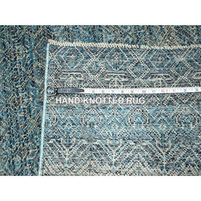 3'X9'9" Blue Repetitive Diamond Design Soft Wool Hand Knotted Runner Rug