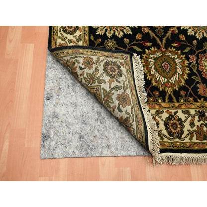4'X15'9" Black Rajasthan Leaf Design Hand Knotted Wool & Silk Runner Rug