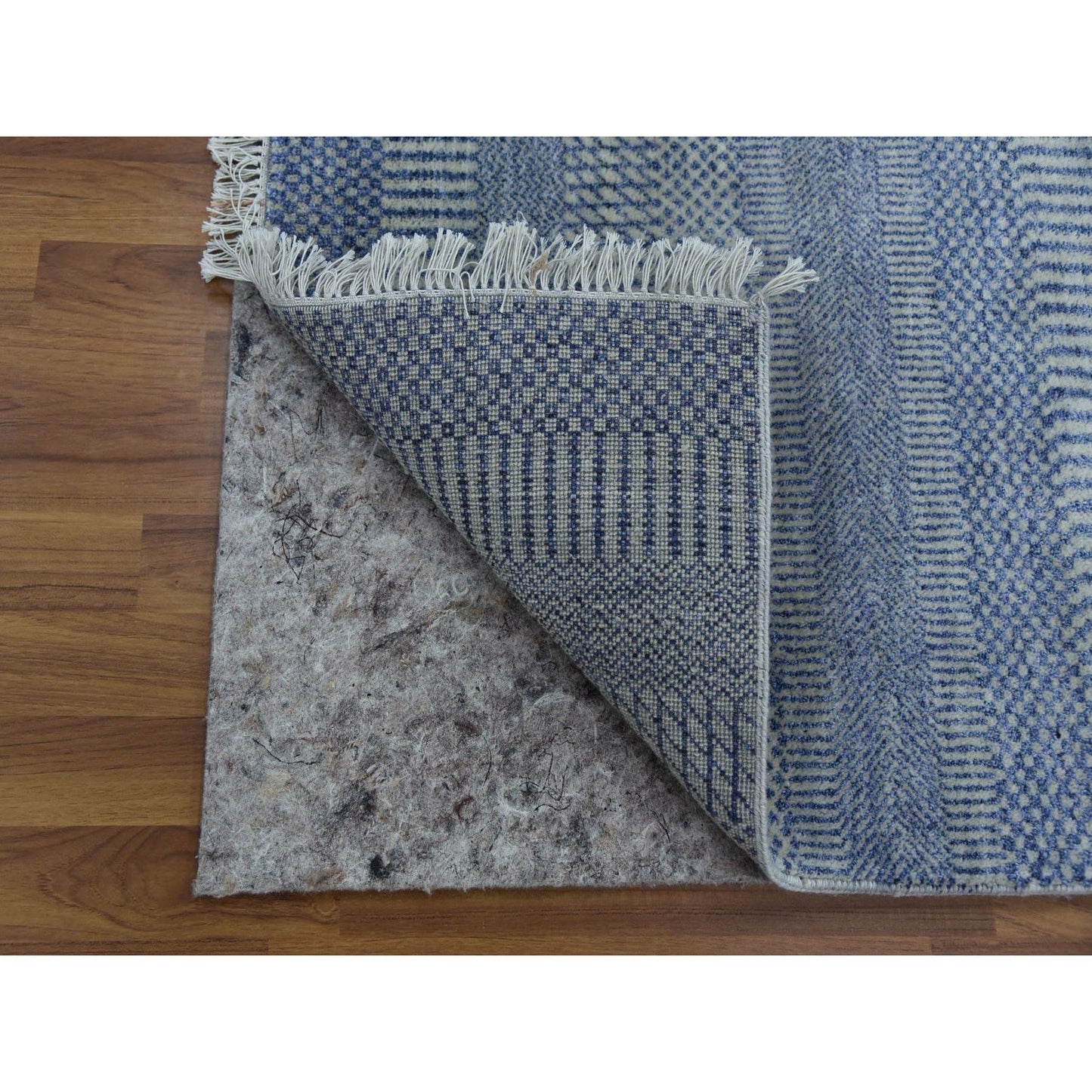 2'6"X9'10" Blue Hand Knotted Modern Grass Design Wool And Silk Runner Rug