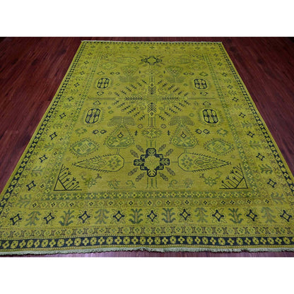 7'9"X9'8" Green Overdyed Kazak Geometric Pattern Hand Knotted Wool Rug