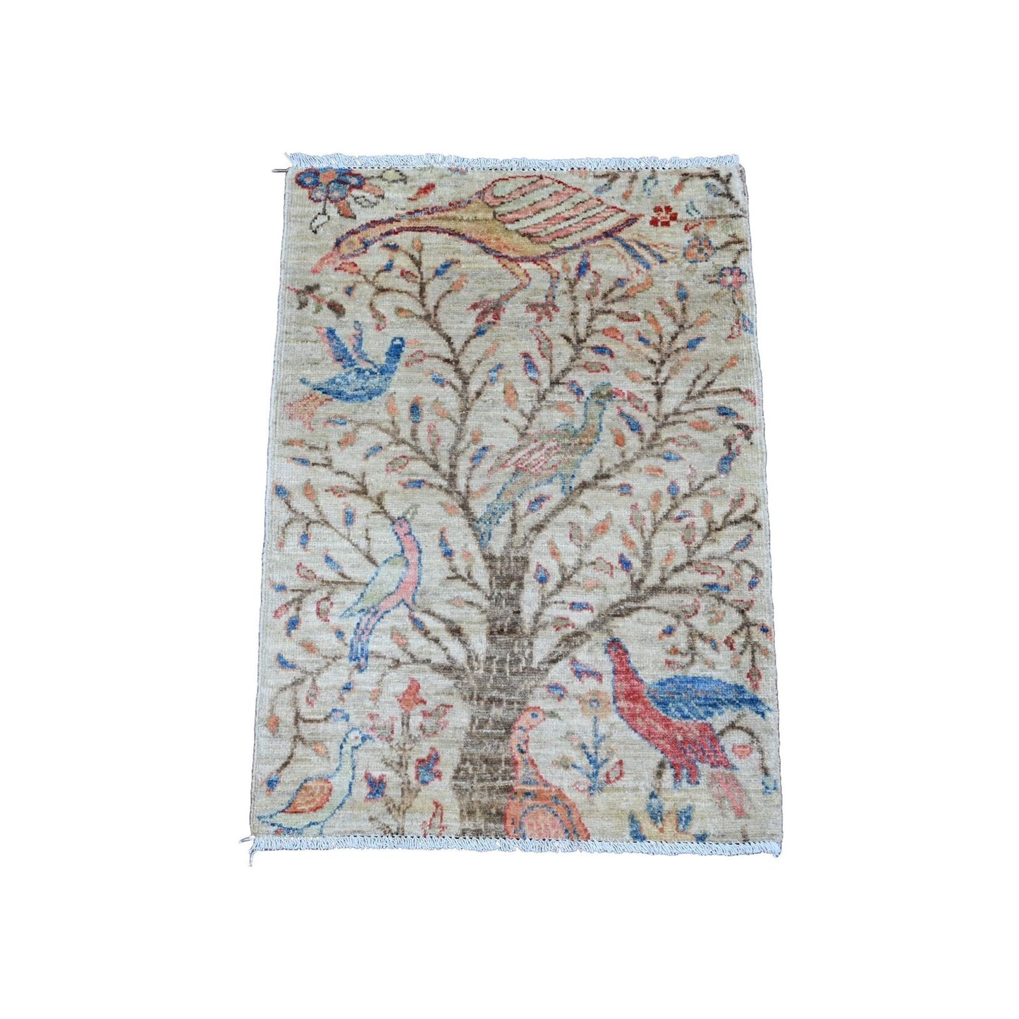 2'X2'10" White Hand Knotted Afghan Peshawar Birds Design All Wool Mat Rug
