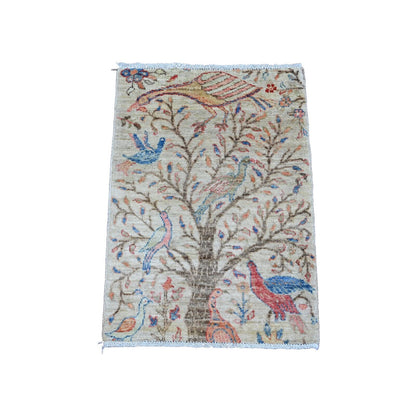 2'X2'10" White Hand Knotted Afghan Peshawar Birds Design All Wool Mat Rug