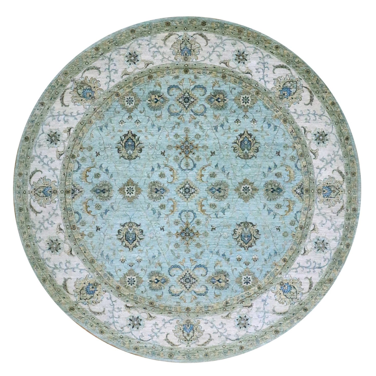 11'10"X11'10" Blue Shah Abbas Vines Design Hand Knotted Wool Round Rug