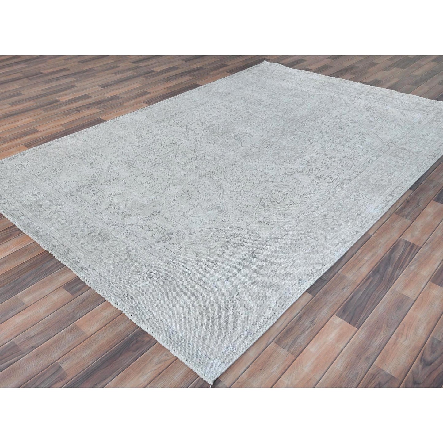 6'5"X9'4" Gray Old Farsian Hand Knotted Worn Down Wool Distressed Rug