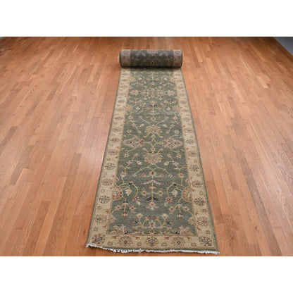 3'6"X32'2" Moss Green Pure Wool Hard Twist Agra Runner Hand Knotted Rug
