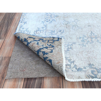 9'X12' Blue Worn Wool Hand Knotted Distressed Old Farsian Karman Rug