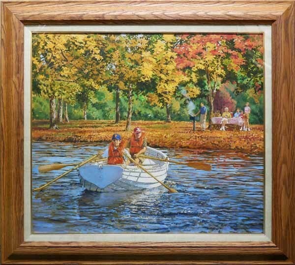 Oil painting of a lake scene with a boat in autumn, signed, large canvas.