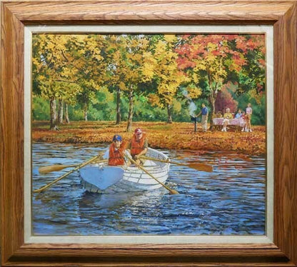 Oil painting of a lake scene with a boat in autumn, signed, large canvas.