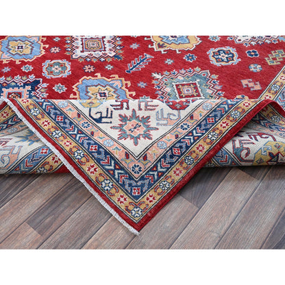 8'X11'3" Chili Red Kazak With Geometric Pattern Hand Knotted Soft Wool Rug