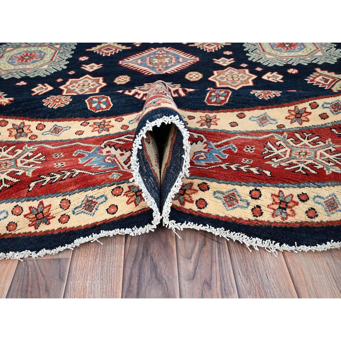 9'X9' Blue Special Kazak Geometric Wool Hand Knotted Round Oriental Rug