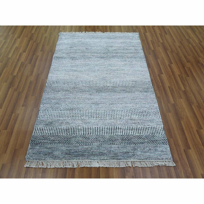 4'X6' Ivory Hand Knotted Modern Grass Design Gabbeh Wool And Silk Rug