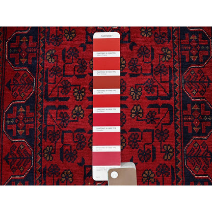 1'8"X4'9" Red Hand Knotted Afghan Khamyab Geometric Pattern Wool Runner Rug