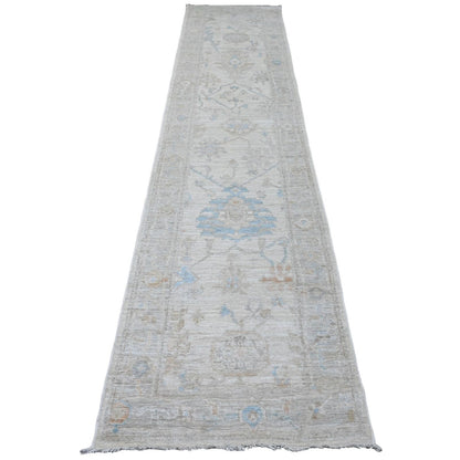 2'8"X12'4" White Hand Knotted Angora Oushak Leaf Design Wool Runner Rug