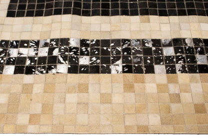 Hand-Stitched Black Beige Cowhide Leather Rug 4X6