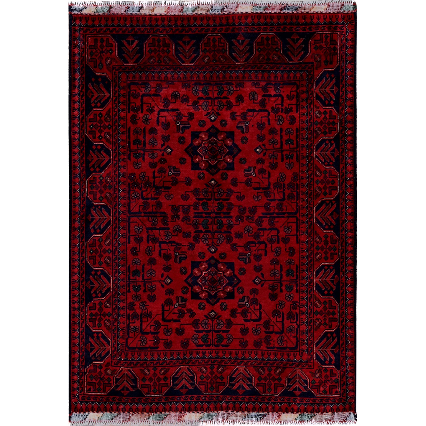 3'5"X4'9" Red Afghan Khamyab Geometric Pattern Soft Wool Hand Knotted Rug