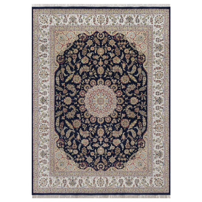9'X12'2" Midnight Blue Nain Flower Design Wool And Silk Hand Knotted Rug