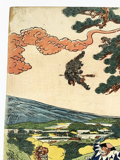 Woodblock warrior art triptych sadahide original utagawa japanese musha