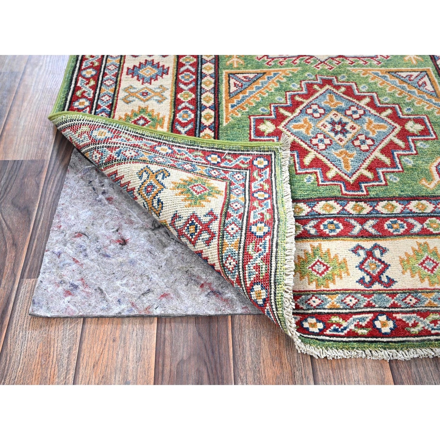 3'4"X5' Swamp Green Kazak With Geometric Design Hand Knotted Pure Wool Rug