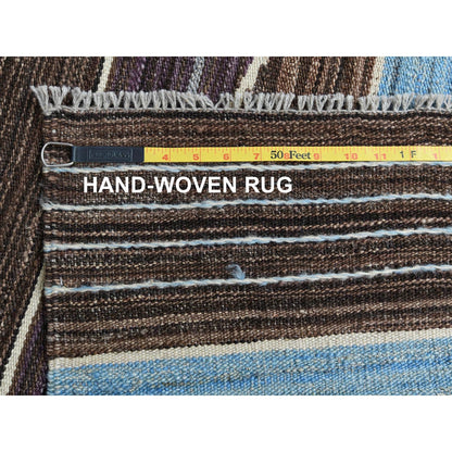 6'4"X9' Hand Woven Kilim Flat Weave Brown And Blue Mountain Design Rug