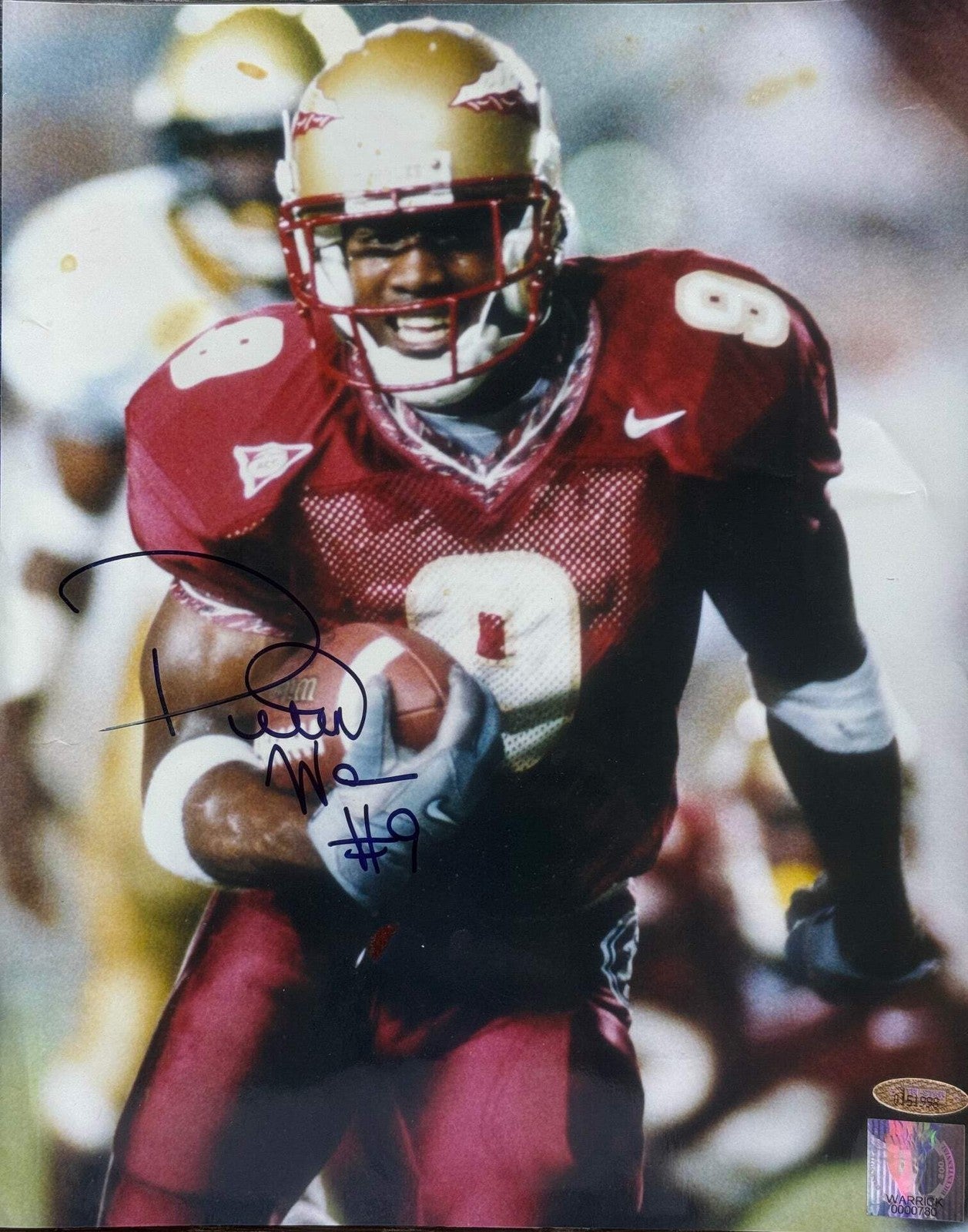 Peter Warrick Autographed Seminoles 11X14 Football Photo (Tristar)