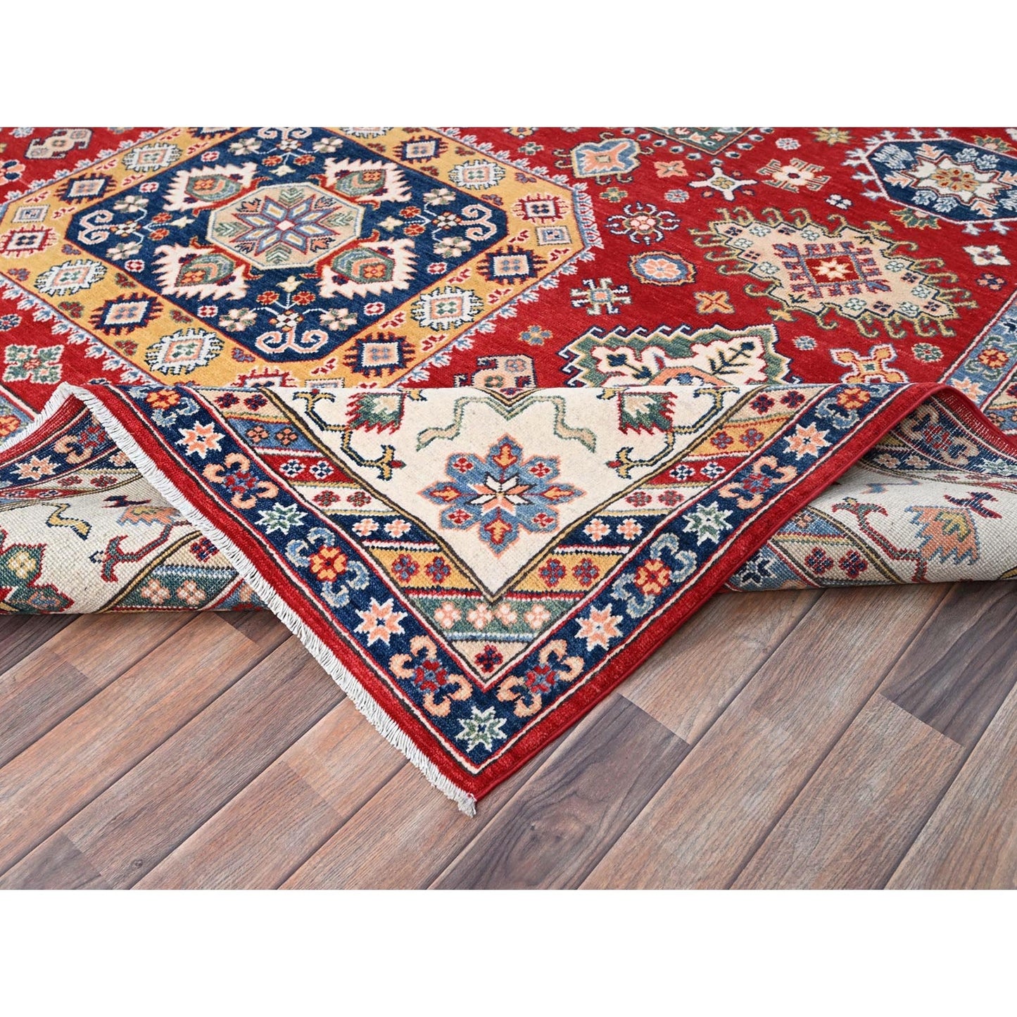 9'X12'4" Rufous Red Kazak Large Medallions Wool Hand Knotted Oriental Rug