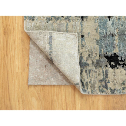2'6"X5'10" Abstract Design Silver-Blue Hand Knotted Wool-Silk Runner Rug