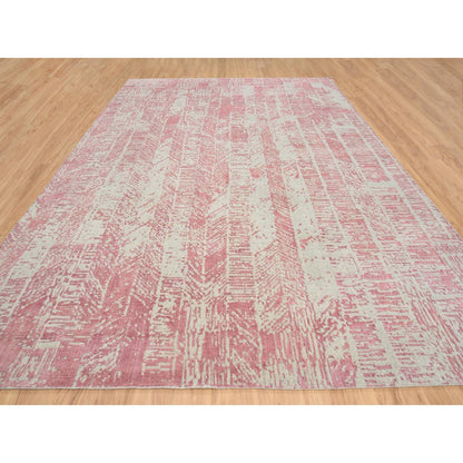10'X14' Rose Pink Wool And Art Silk Jacquard Hand Loomed Rug