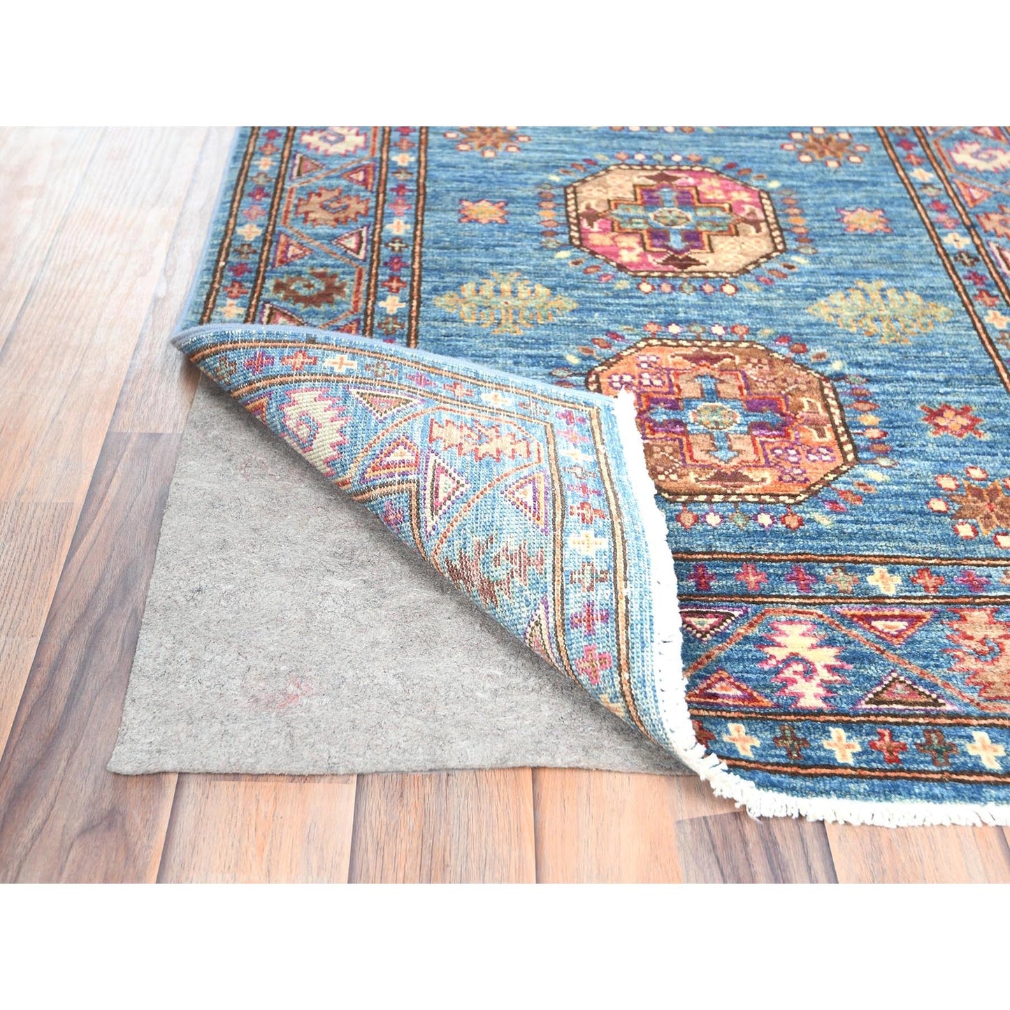 2'7"X9'9" Steel Blue Afghan Super Kazak Wool Hand Knotted Oriental Rug