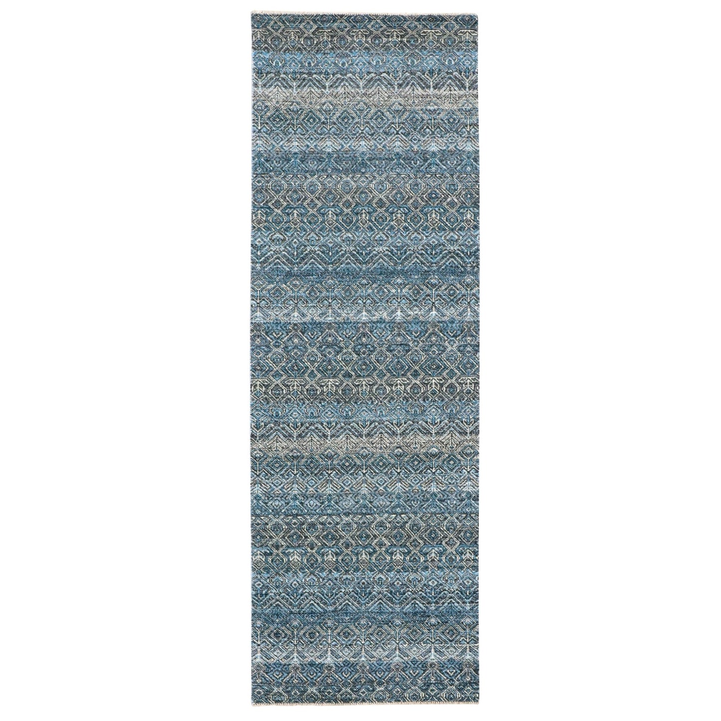 2'8"X8'1" Blue Hand Knotted Kohinoor Repetitive Diamond Wool Runner Rug
