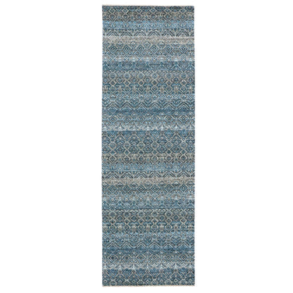 2'8"X8'1" Blue Hand Knotted Kohinoor Repetitive Diamond Wool Runner Rug