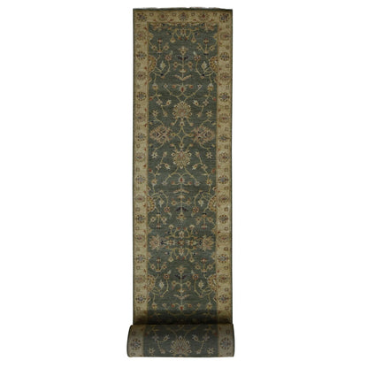 3'6"X32'2" Moss Green Pure Wool Hard Twist Agra Runner Hand Knotted Rug