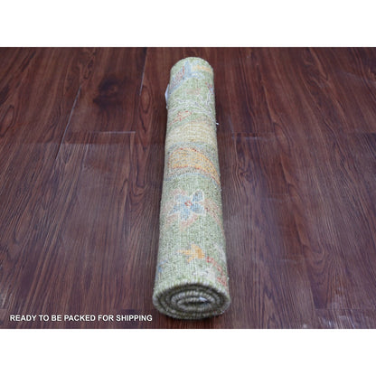 2'X3'2" Green Mat Rug Hand Knotted Peshawar Birds Of Paradise Design Wool