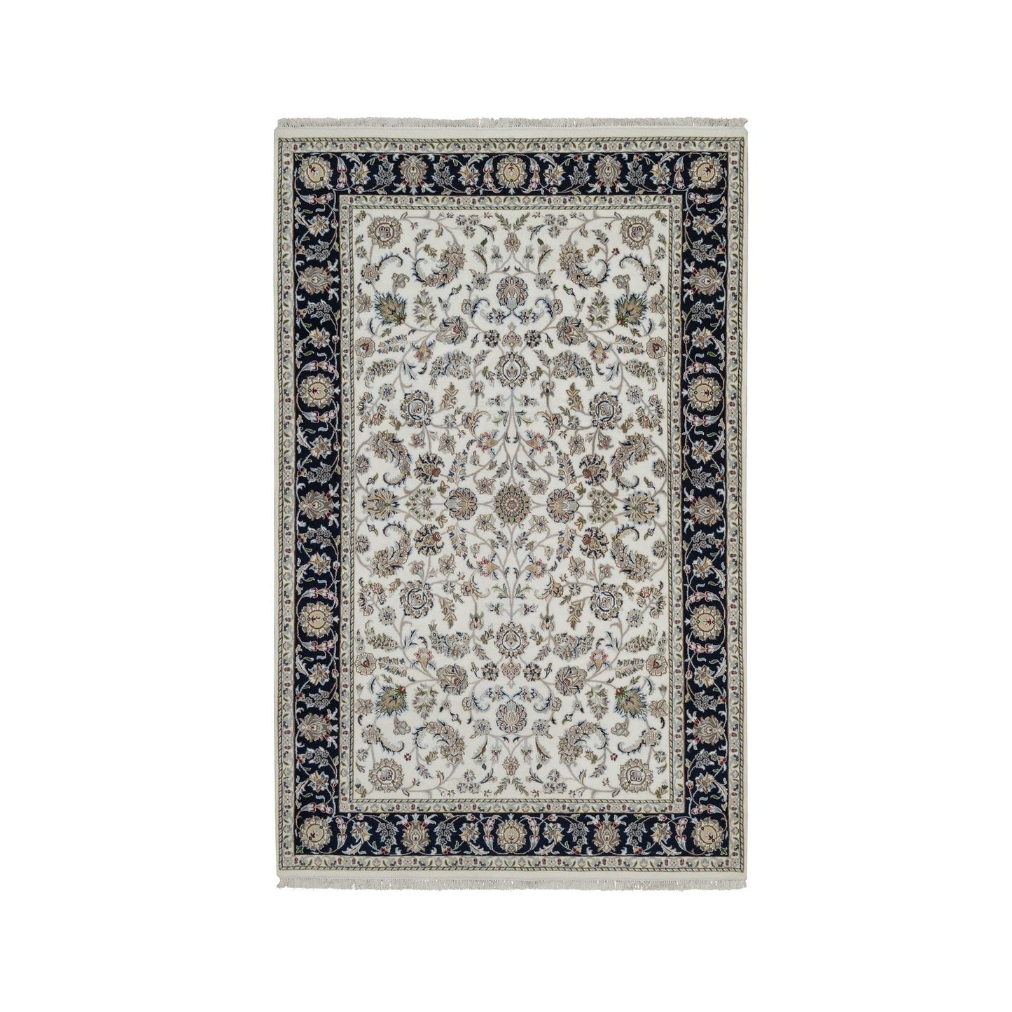 5'9"X9'2" Ivory Wool And Silk Nain With Flower Design Hand Knotted Rug