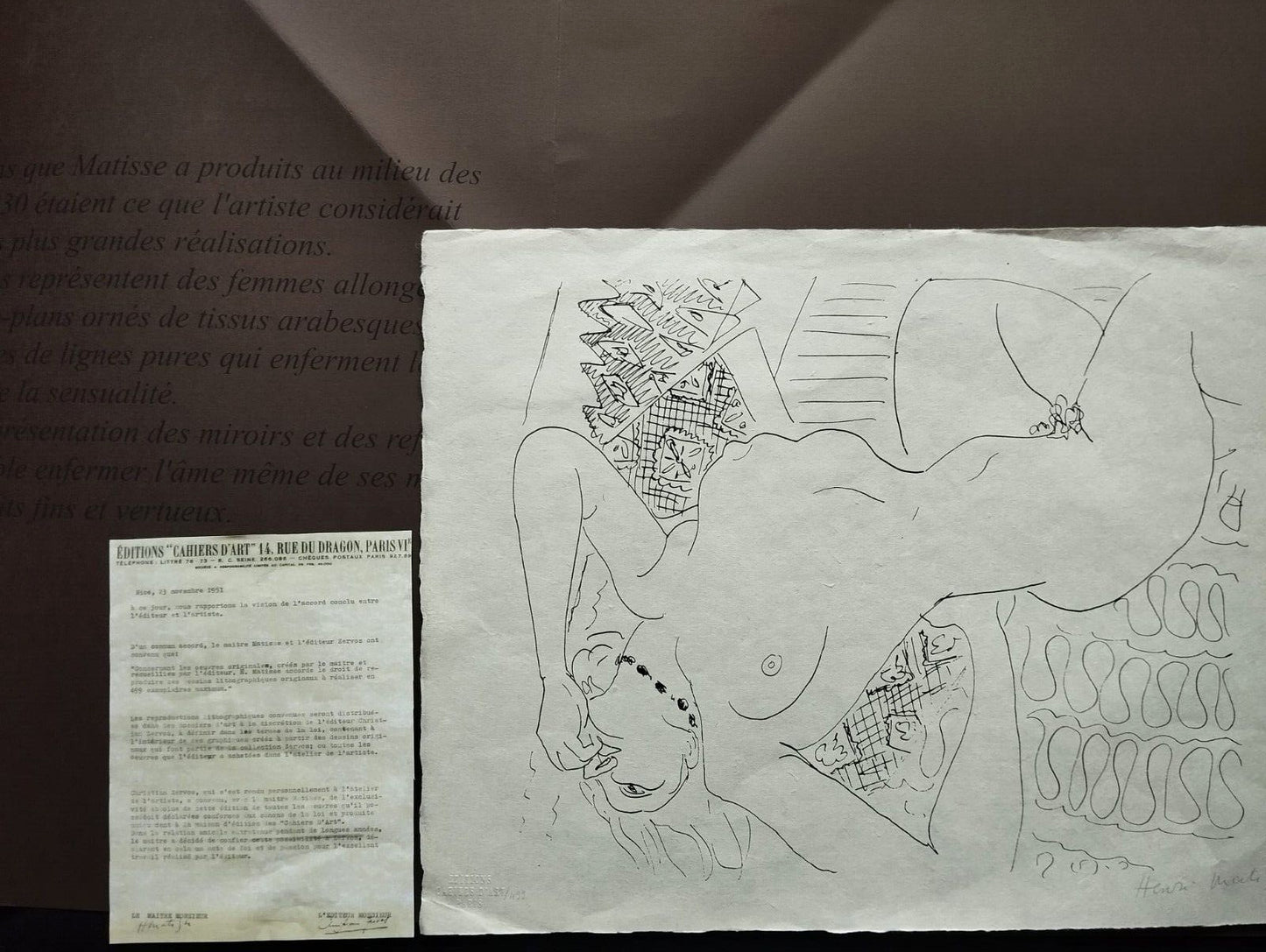 Henri Matisse Lithograph Coa Contract Signed By Hand Numbered In Pencil Crayon