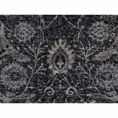 4'10"X7' Phantom Black Hand Knotted Sickle Leaf Design Wool And Silk Rug