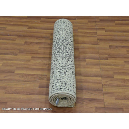 2'8"X10' White Mamluk Dynasty Design Undyed Wool Hand Knotted Runner Rug