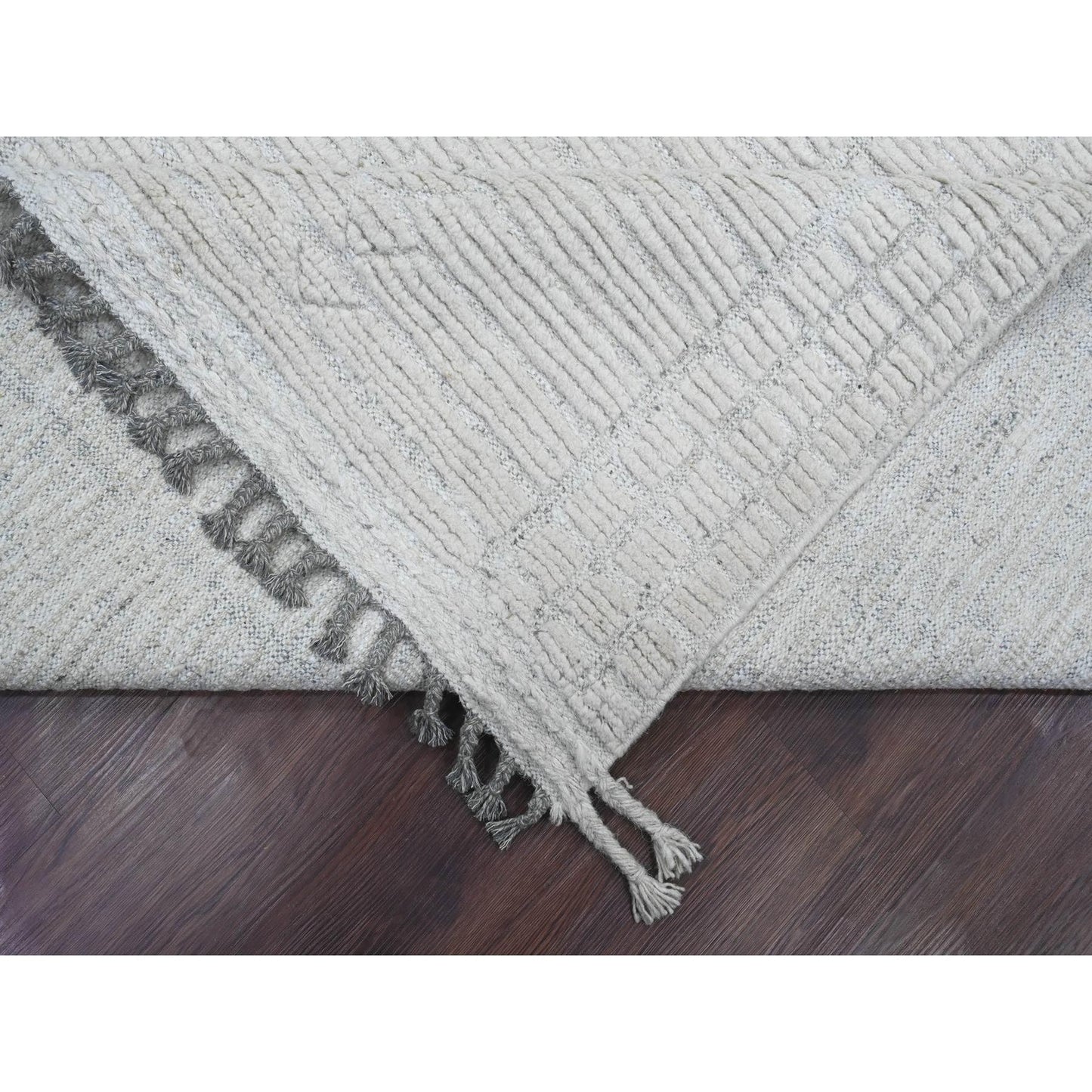 8'10"X12'2" White Moroccan Weave Line Design Hand Knotted Soft Wool Rug