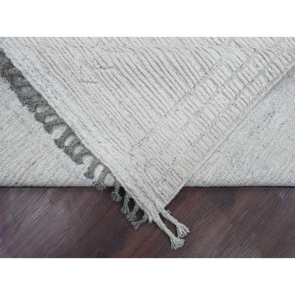 8'10"X12'2" White Moroccan Weave Line Design Hand Knotted Soft Wool Rug
