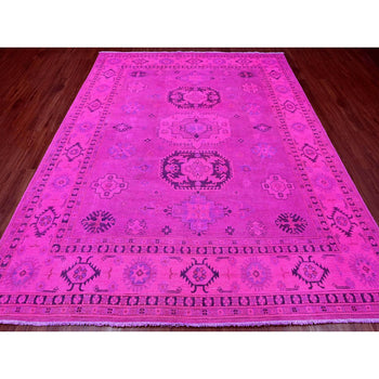8'X10' Hot Pink Overdyed Kazak Medallions Design Hand Knotted Wool Rug