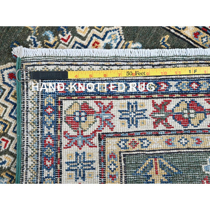 2'8"X6'5" Green Kazak With Geometric Design Wool Hand Knotted Runner Rug
