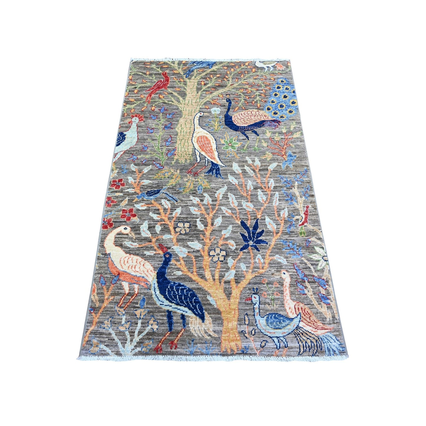 3'X5' Gray Birds Paradise Hand Knotted Peshawar 100% Wool Oriental Rug