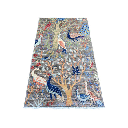 3'X5' Gray Birds Paradise Hand Knotted Peshawar 100% Wool Oriental Rug