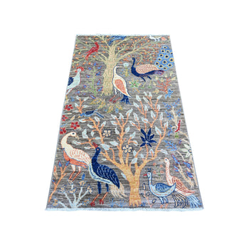 3'X5' Gray Birds Paradise Hand Knotted Peshawar 100% Wool Oriental Rug