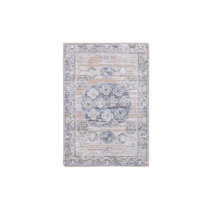 2'X3' Gray Hand Knotted Khotan Design Silk With Textured Wool Mat Rug