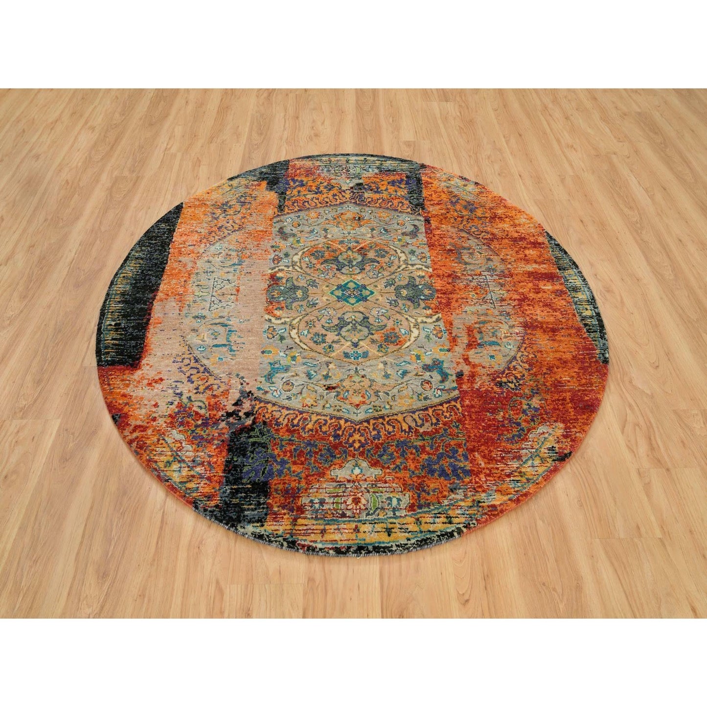 6'1"X6'1" Orange Ancient Ottoman Erased Design Wool Handknotted Round Rug