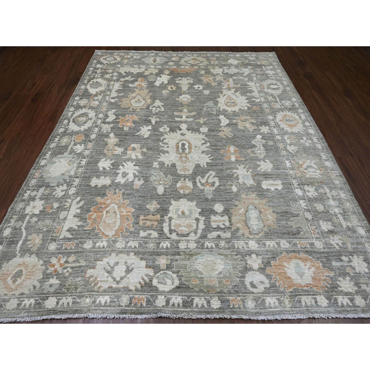 8'X9'8" Nickel Gray Afghan Angora Oushak Leaf Motif Hand Knotted Wool Rug